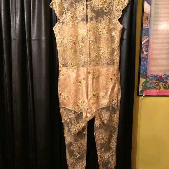 Gold Lace Appliquéd Evening Jumpsuit Prom Gown - Picture 3 of 8